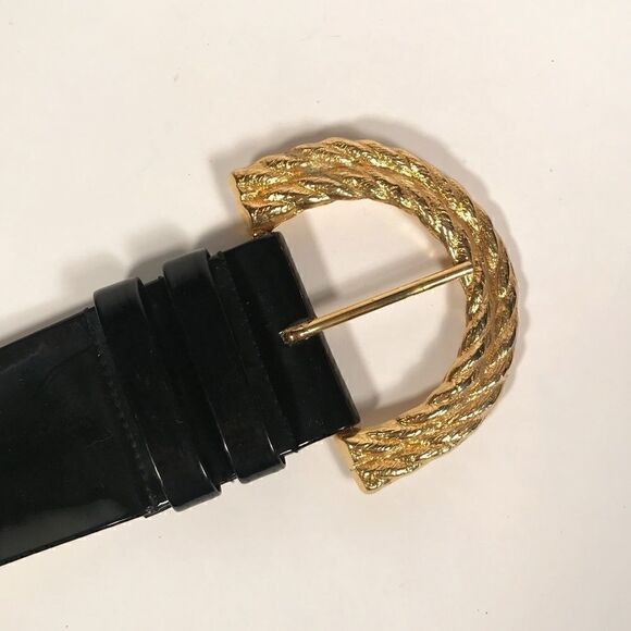 Gold "Rope" Buckle on Black Patent Leather Belt - Picture 1 of 5